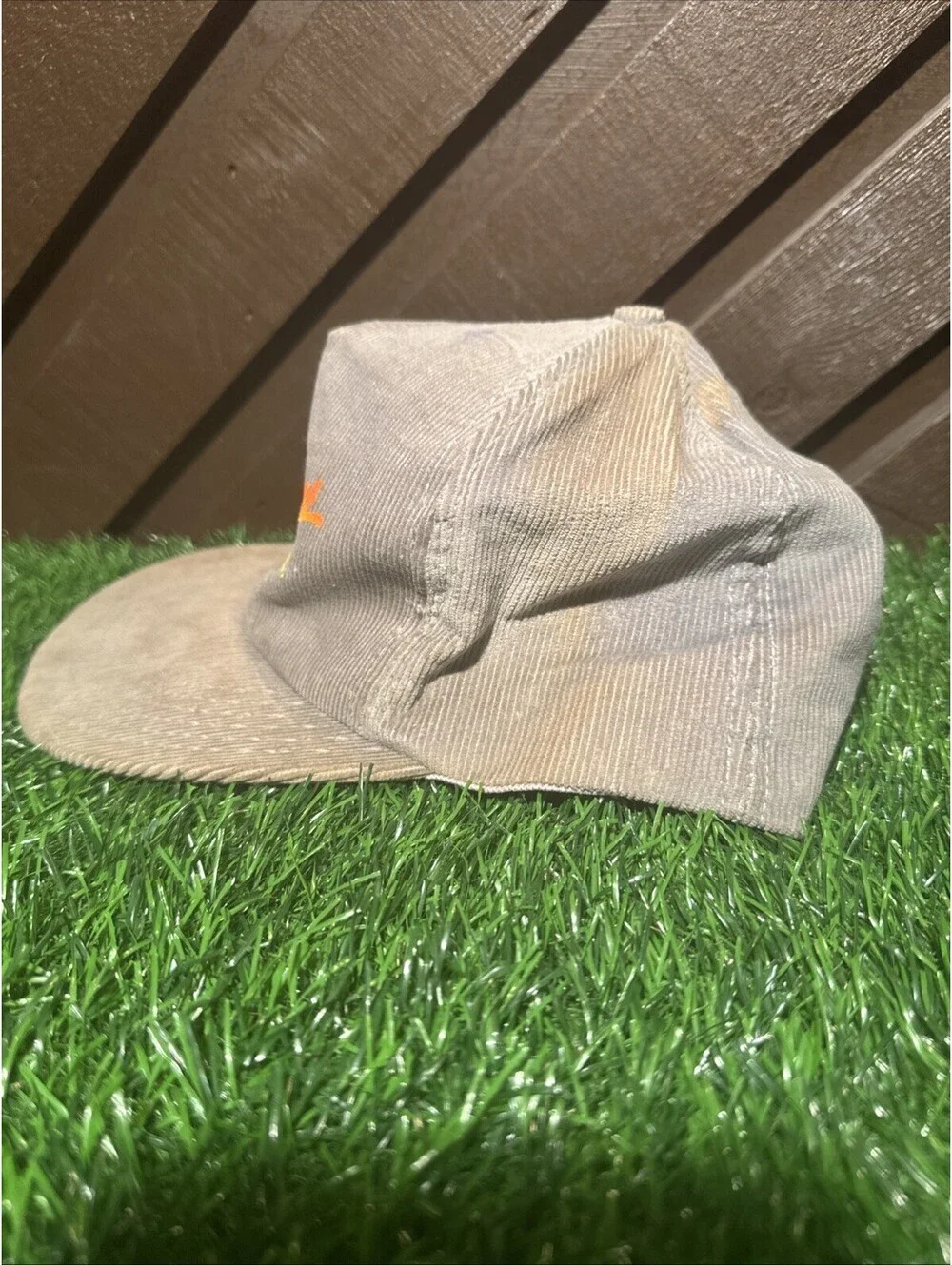 VTG Freightliner Truck Centers Hat Corduroy Snapback Cap Tan Orange 80s Vtg